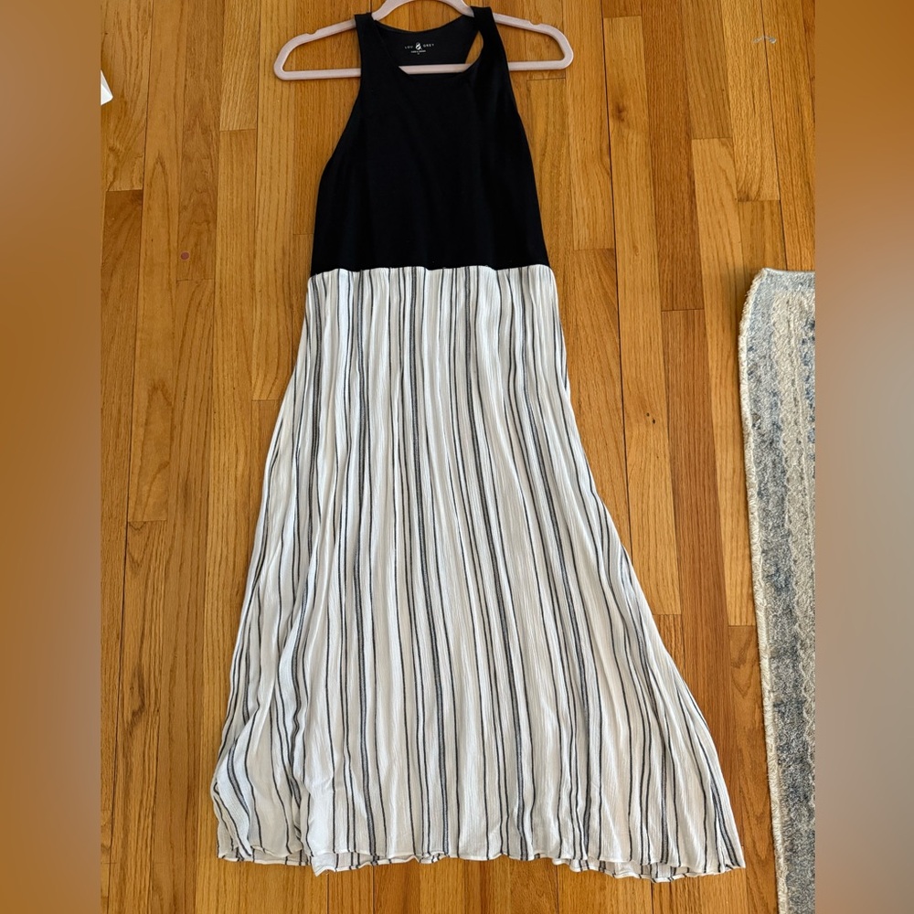Lou & Grey Black Tank Top with White and Black Striped Midi Skirt Dress